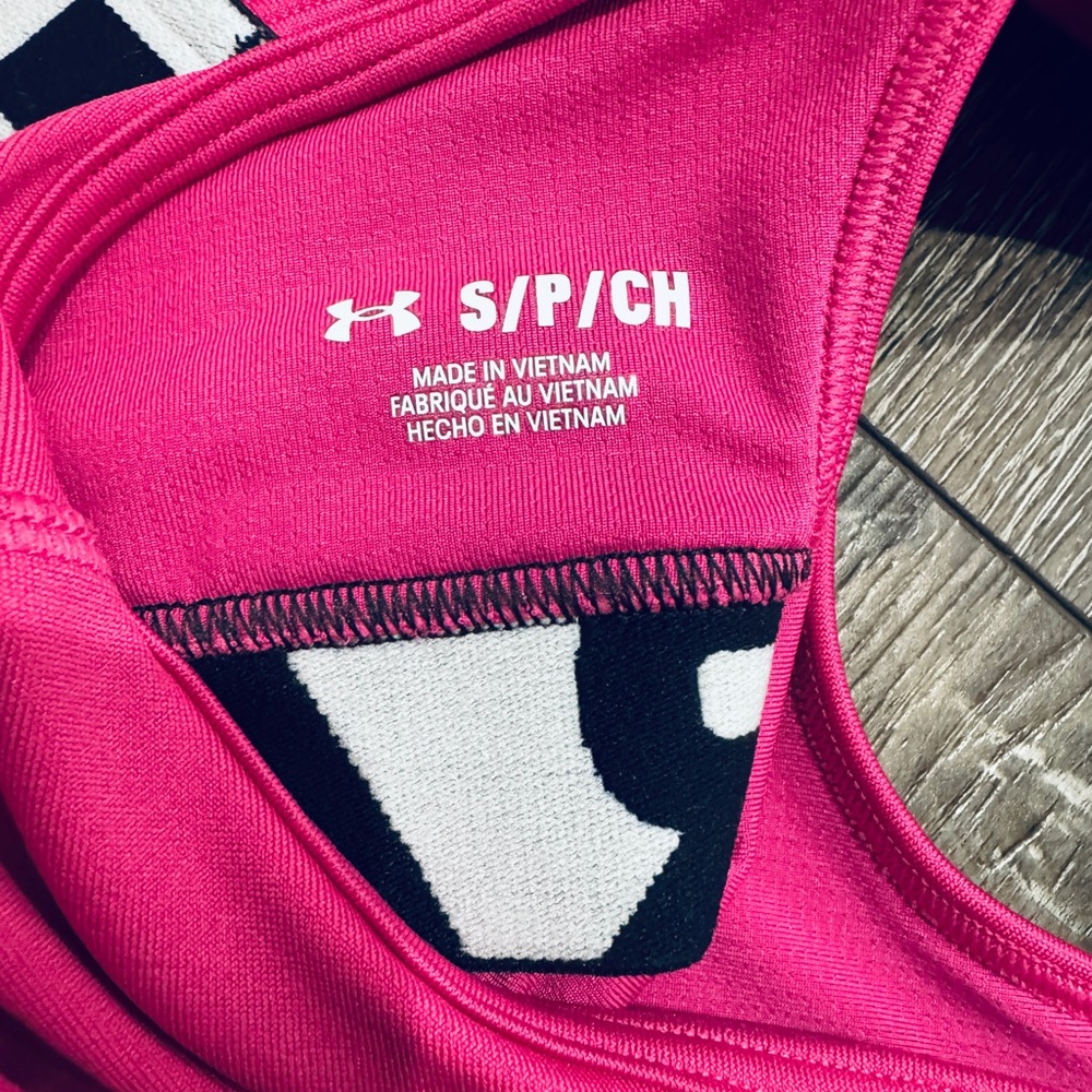 Under Armour HeatGear Authentics Mid Impact Branded Sports Bra-Astro Pink/Black. - Picture 2 of 5